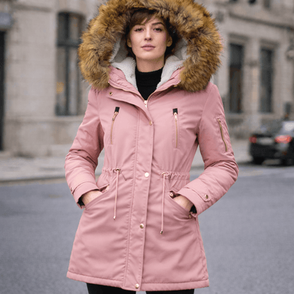 Women’s Winter Fur-Lined Parka Jacket – Hooded Mid-Length Warm Coat