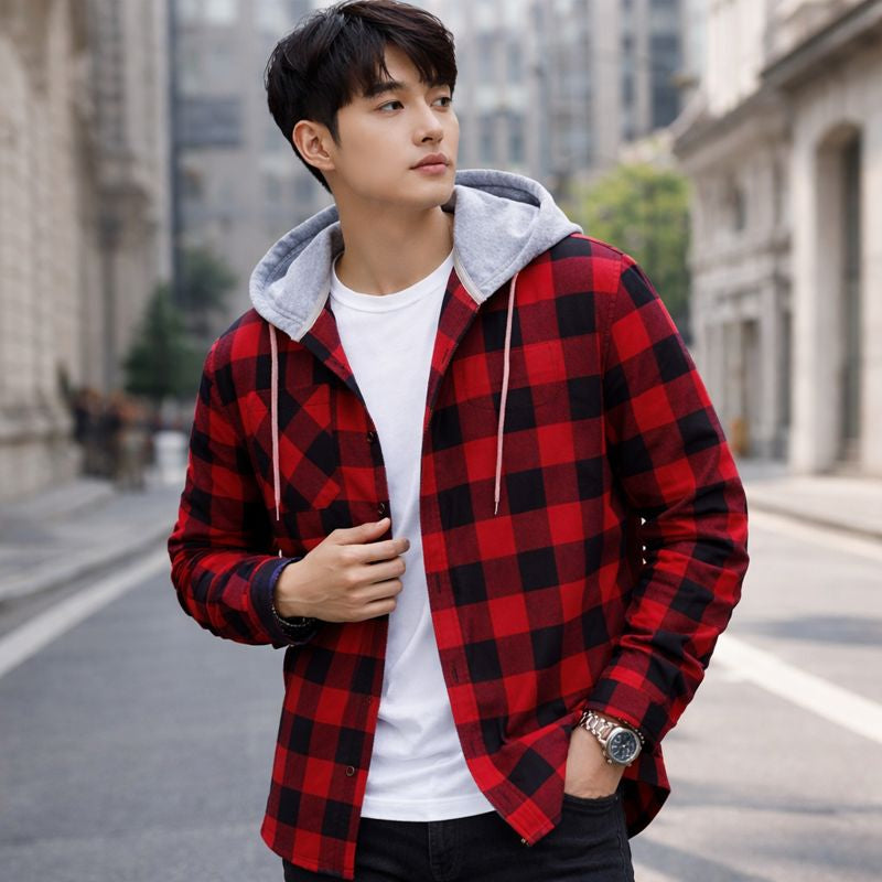 Men’s Plaid Hooded Shirt Jacket - Red