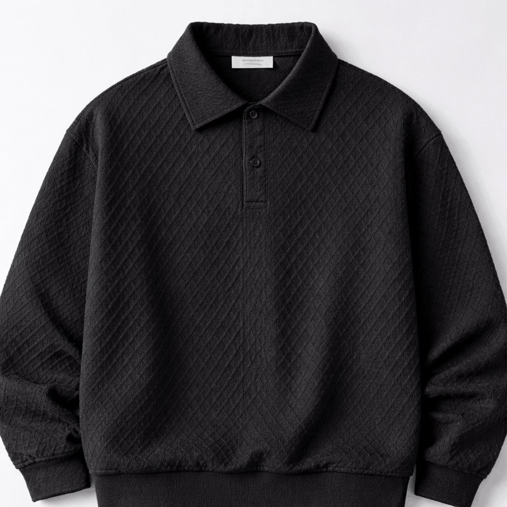 Men’s Waffle Knit Polo Black Sweatshirt
