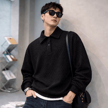Men’s Waffle Knit Polo Sweatshirt - Black