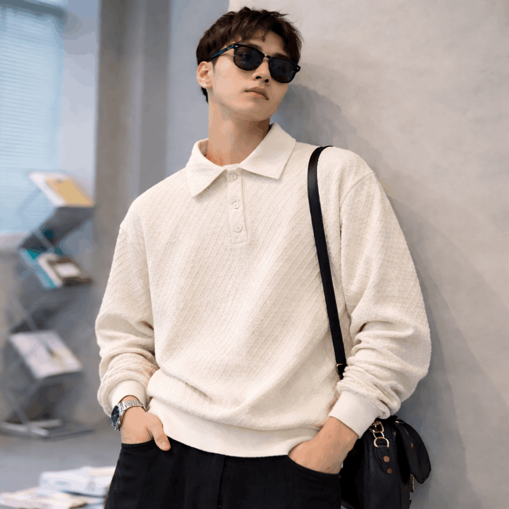 Mens Waffle Knit Polo White Sweatshirt