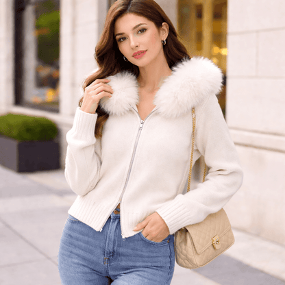 Women’s Fur Collar Hooded Knit Cardigan - Milky White