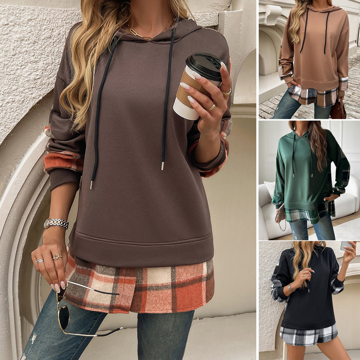 Women’s Oversized Plaid Patchwork Hoodie