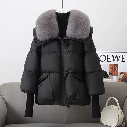 Women’s Winter Fur-Collar Puffer Jacket – Short Thick Warm Coat with Zipper