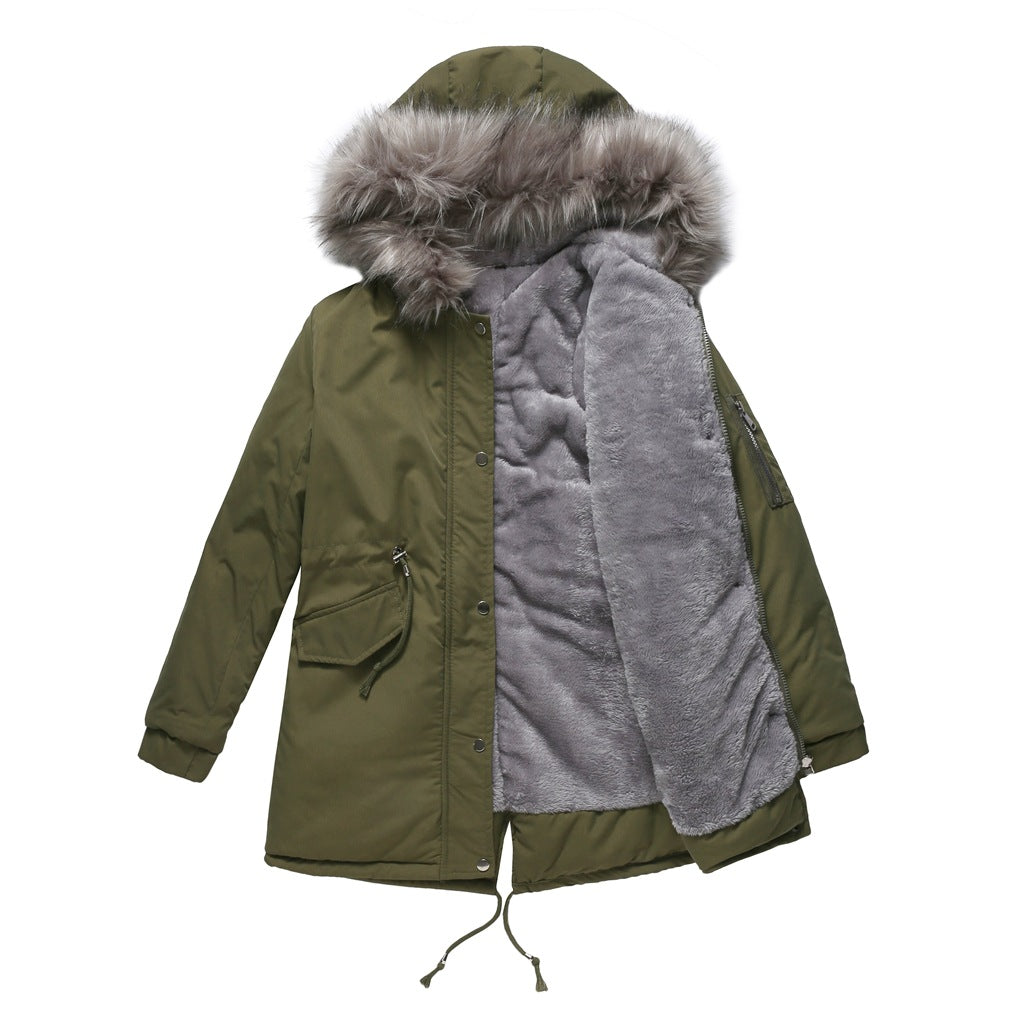 Women’s Winter Fur-Lined Parka Jacket – Hooded Mid-Length Warm Coat