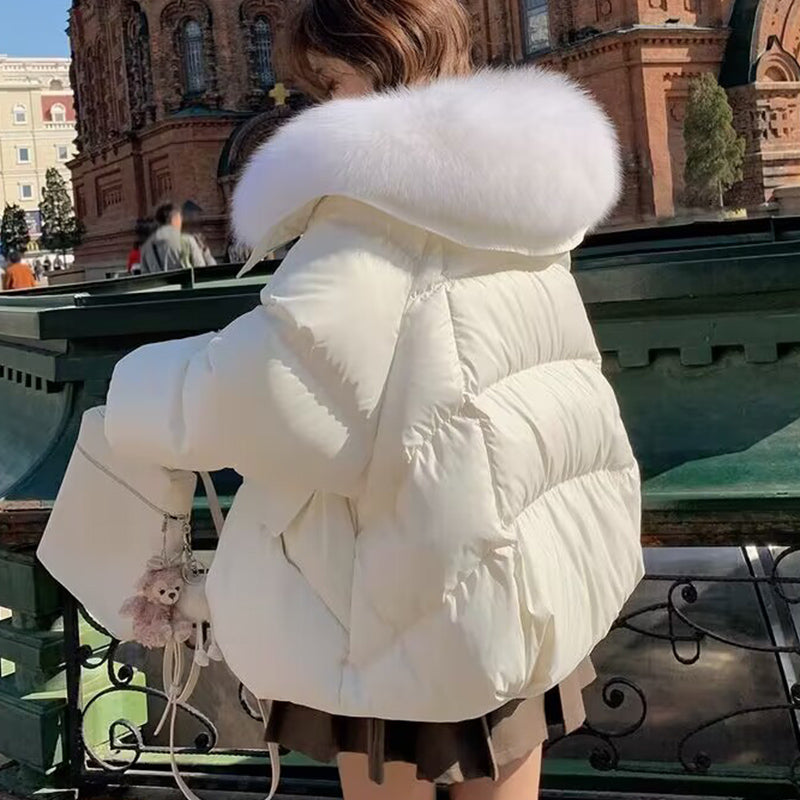 Women’s Winter Fur-Collar Puffer Jacket – Short Thick Warm Coat with Zipper