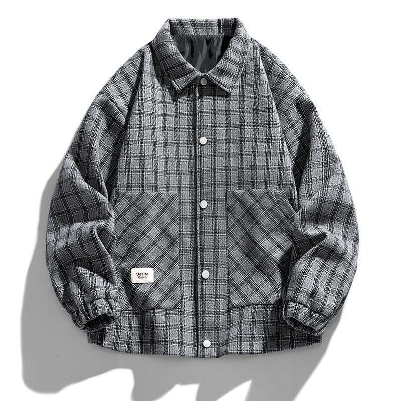 Men’s Plus-Size Color-Block Plaid Shirt Jacket – Casual Long Sleeve Shacket