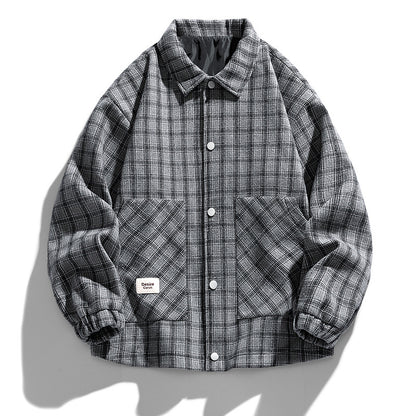Men’s Plus-Size Color-Block Plaid Shirt Jacket – Casual Long Sleeve Shacket