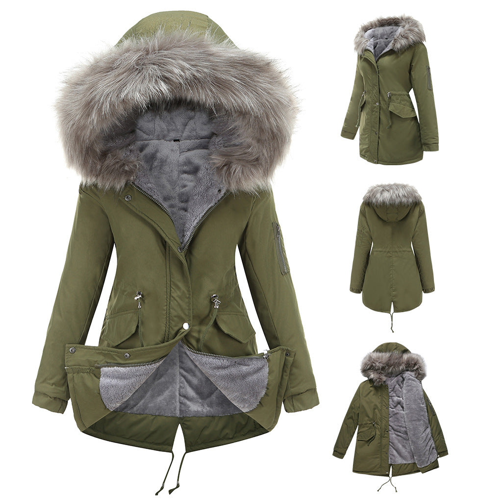 Women’s Winter Fur-Lined Parka Jacket – Hooded Mid-Length Warm Coat