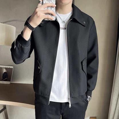 Men’s Casual Zip-Up Jacket – Khaki & Black Lightweight Spring Fall Coat