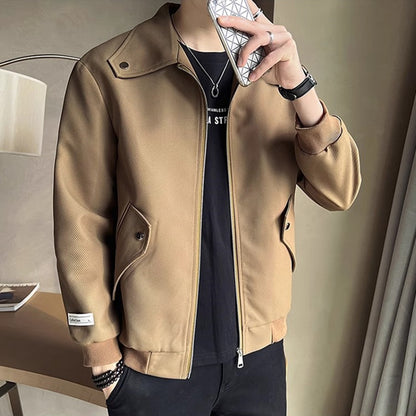 Men’s Casual Zip-Up Jacket – Khaki & Black Lightweight Spring Fall Coat