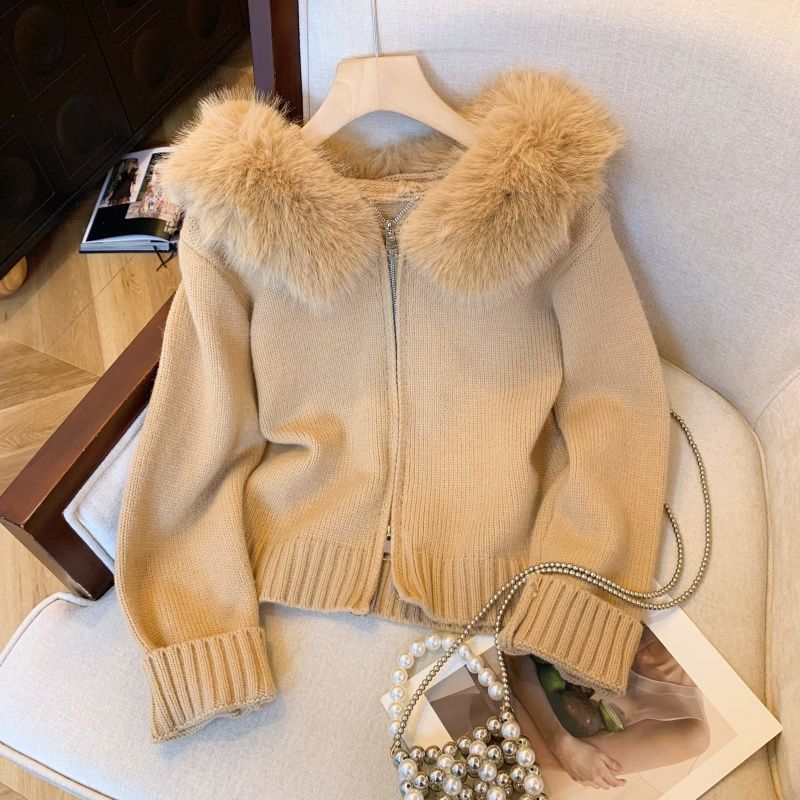 Women's Fur Collar Hooded Knit Cardigan with Double Zipper