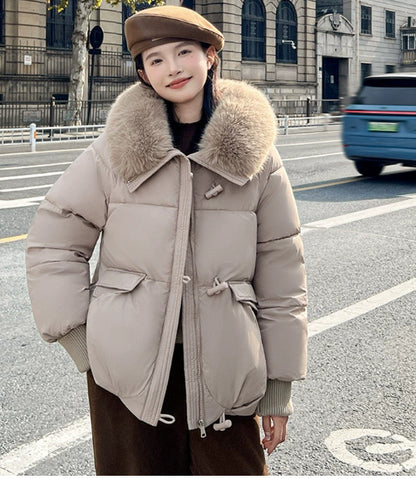 Women’s Winter Fur-Collar Puffer Jacket – Short Thick Warm Coat with Zipper