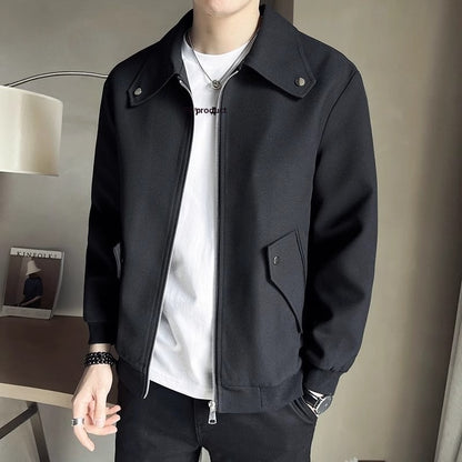 Men’s Casual Zip-Up Jacket – Khaki & Black Lightweight Spring Fall Coat
