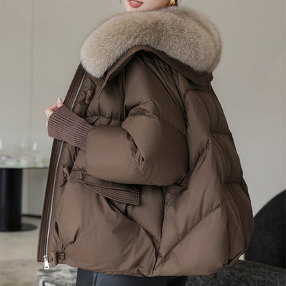Women’s Winter Fur-Collar Puffer Jacket – Short Thick Warm Coat with Zipper