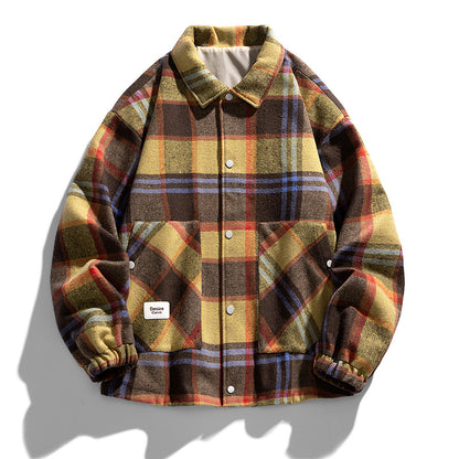 Men’s Plus-Size Color-Block Plaid Shirt Jacket – Casual Long Sleeve Shacket