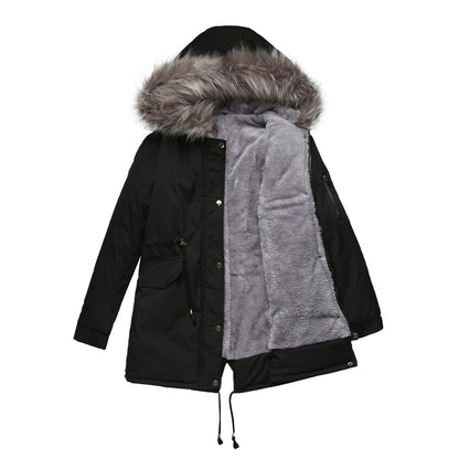Women’s Winter Fur-Lined Parka Jacket – Hooded Mid-Length Warm Coat