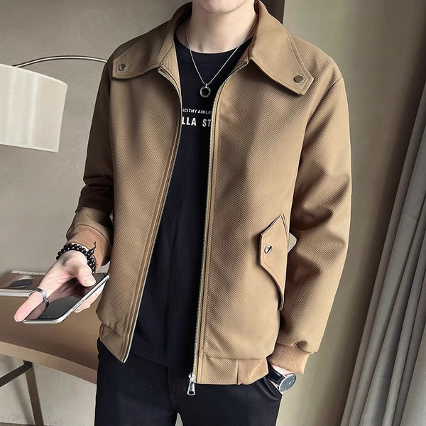 Men’s Casual Zip-Up Jacket – Khaki & Black Lightweight Spring Fall Coat