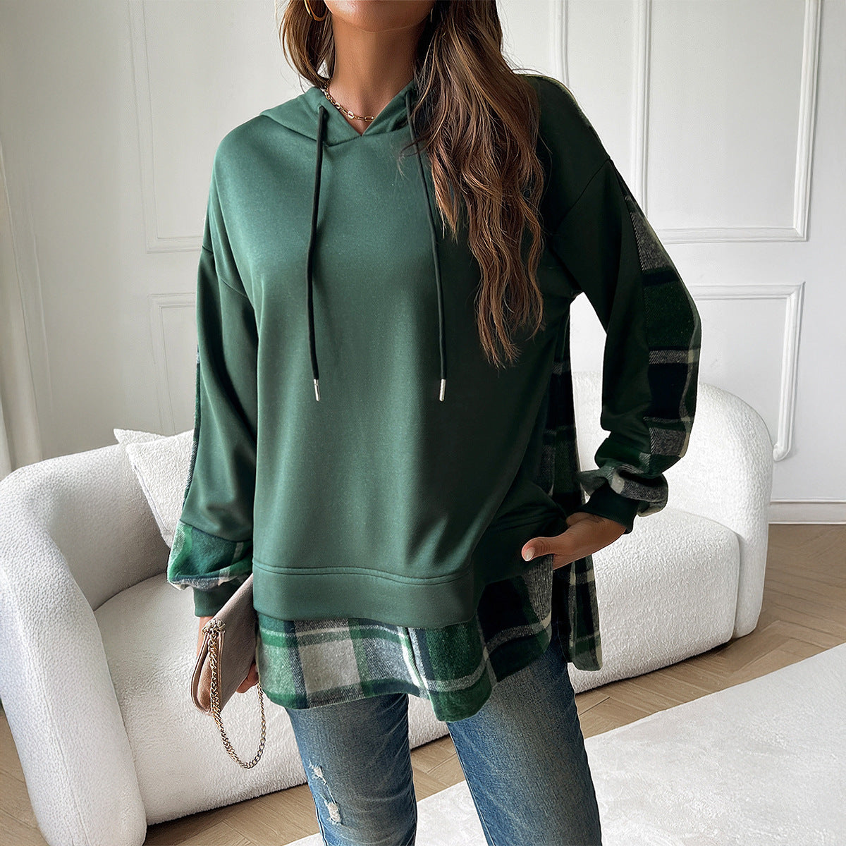 Women’s Oversized Plaid Patchwork Hoodie