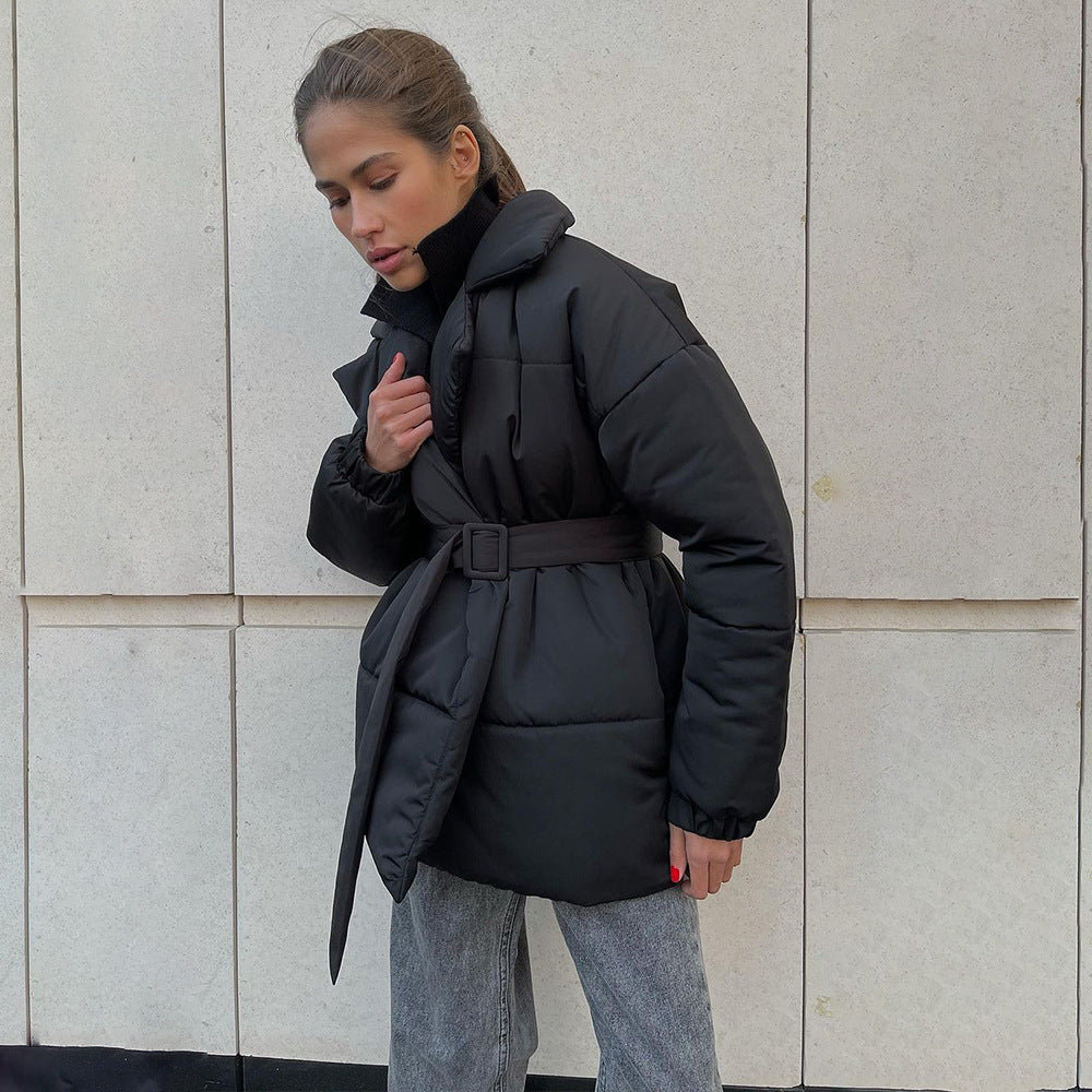 Women’s Belted Puffer Jacket – Slim Fit Winter Cotton Coat