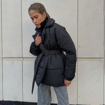 Women’s Belted Puffer Jacket – Slim Fit Winter Cotton Coat