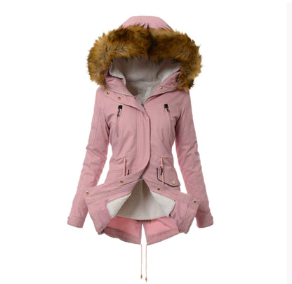 Women’s Winter Fur-Lined Parka Jacket – Hooded Mid-Length Warm Coat